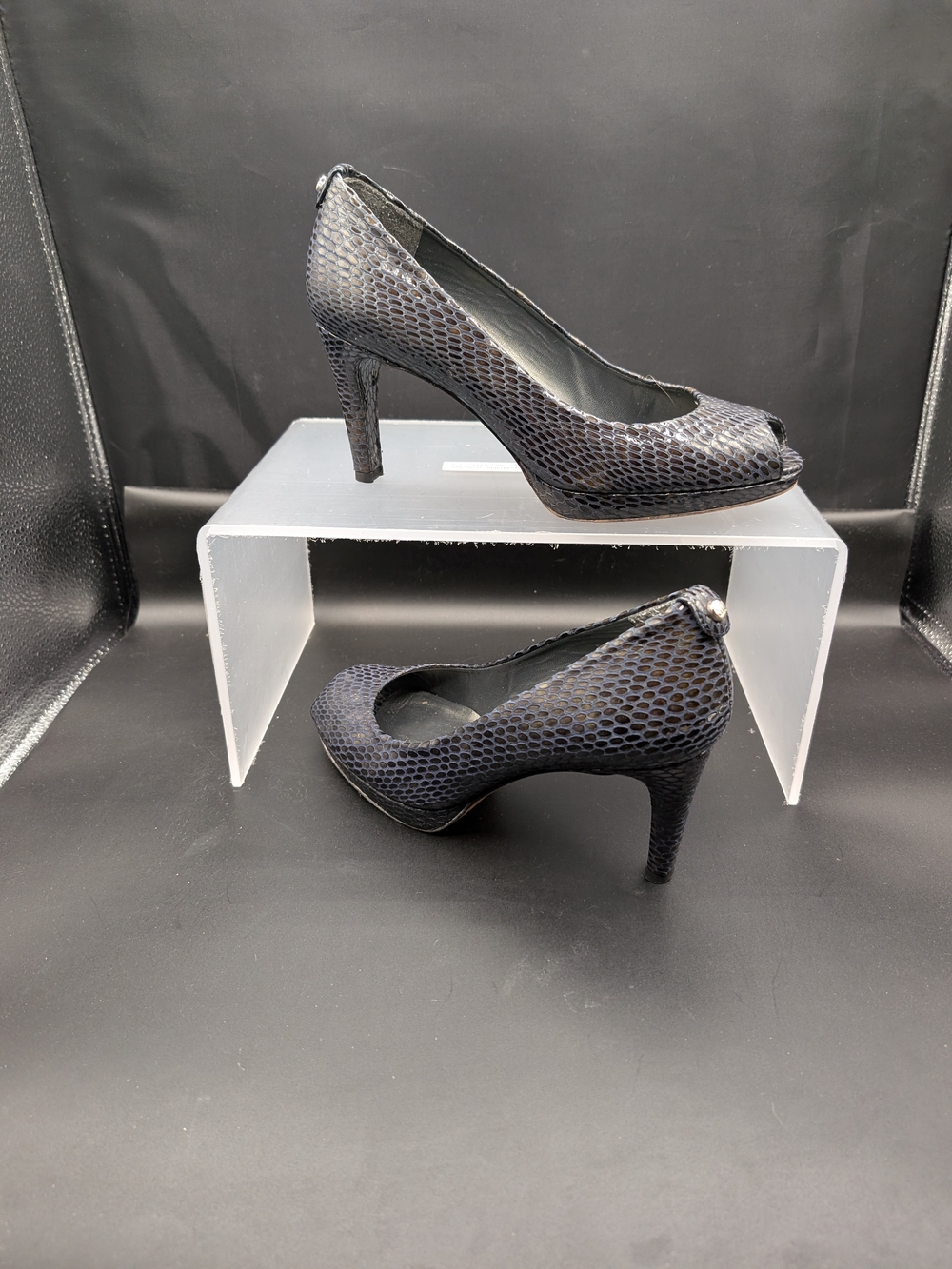 Stuart Weitzman Dark Navy Snakeskin Peep-Toe Heels
